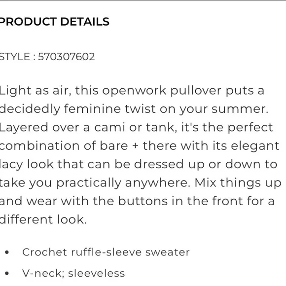 WHITE HOUSE BLACK MARKET Women’s Crochet Ruffle Sleeve Sweater XS - Picture 13 of 13